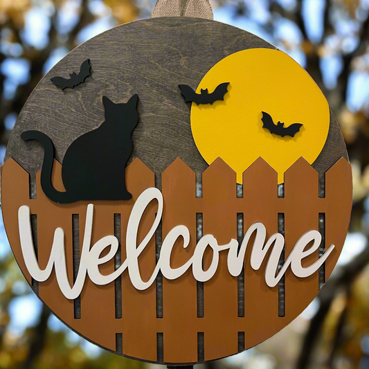 Door Hanger - Welcome (Cat on a Fence)